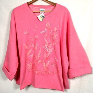 Marshas Collection Sweatshirt 2XL Pink Cropped Dragonfly Nature Art 3/4 Sleeve